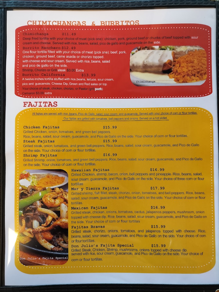 Don Julio's Mexican Restaurant menu board