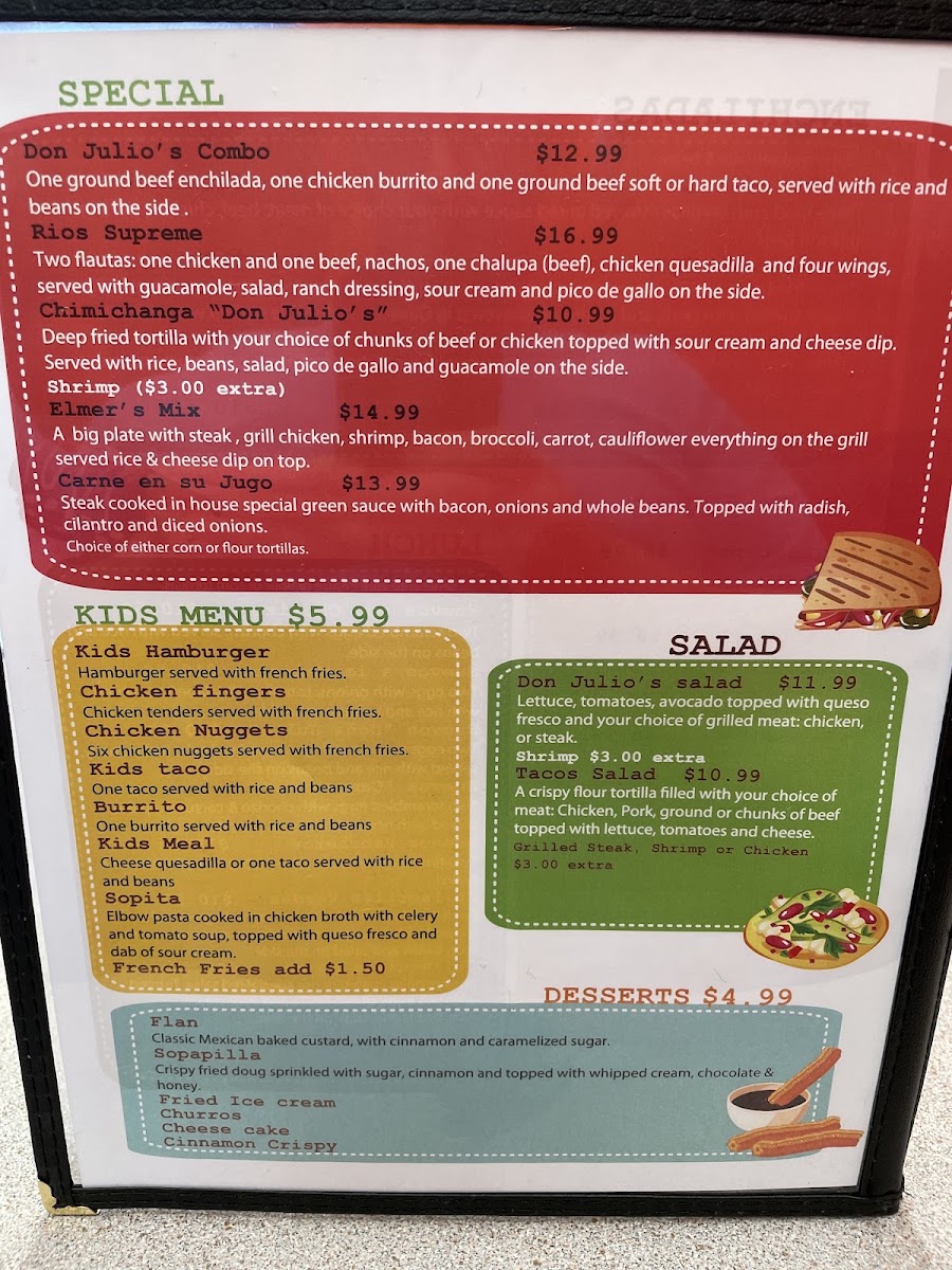 Don Julio's Mexican Restaurant menu board