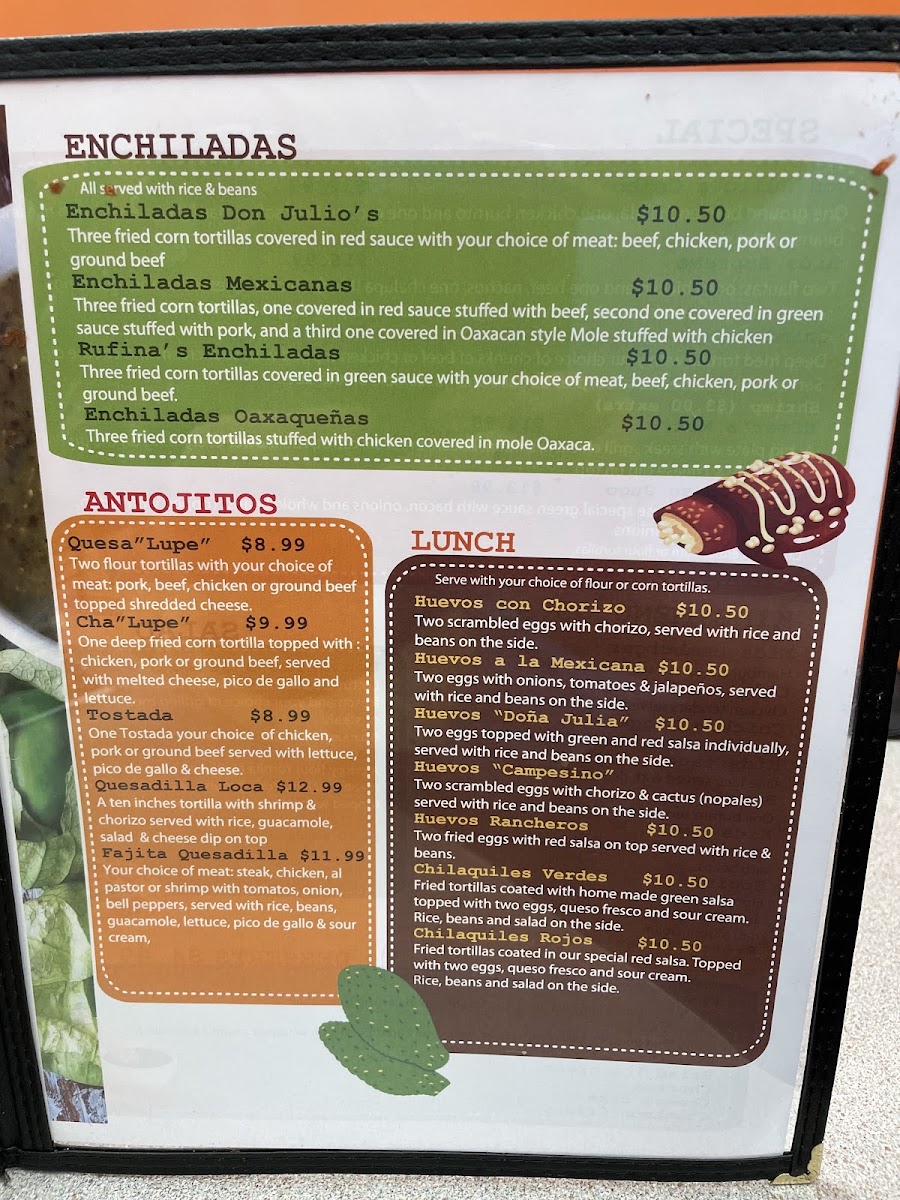 Don Julio's Mexican Restaurant menu board