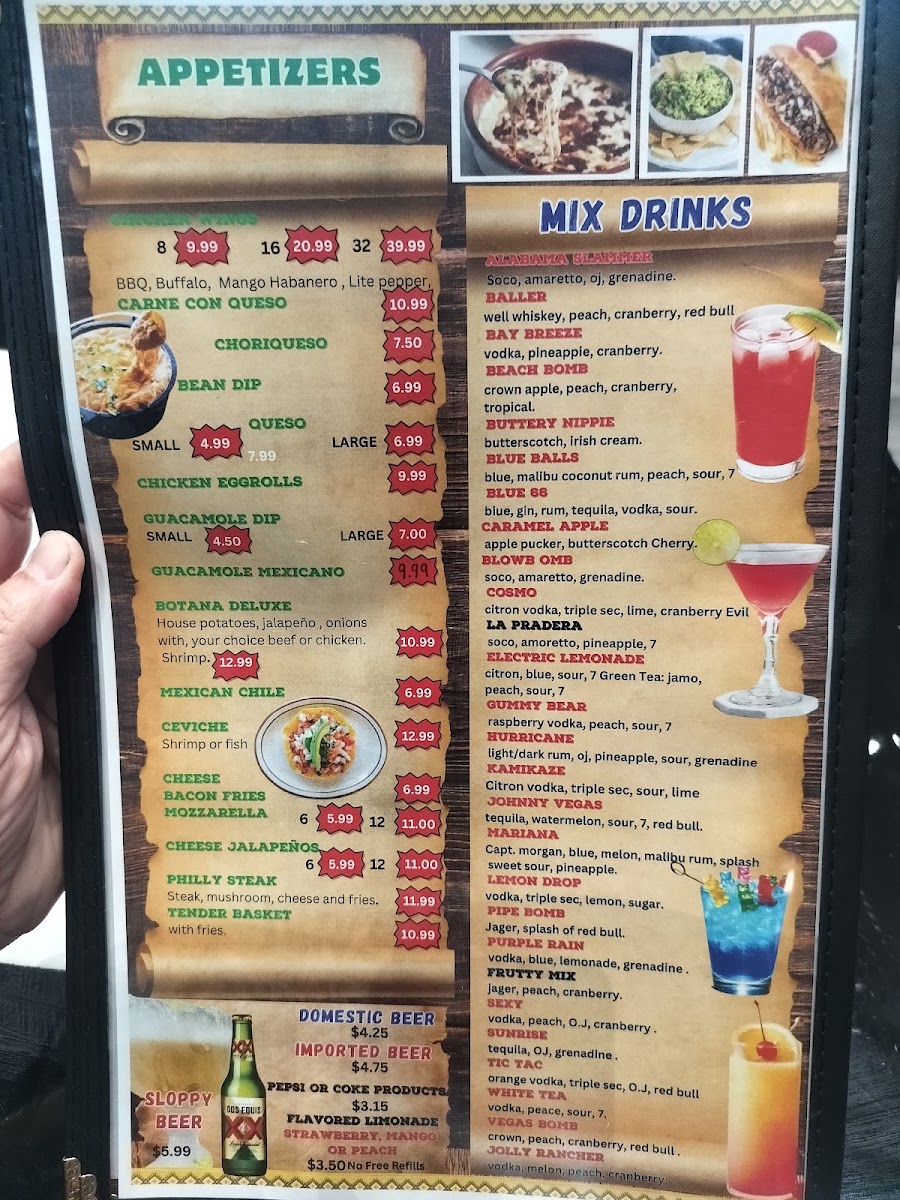Las Praderas Mexican Bar & Grill menu board