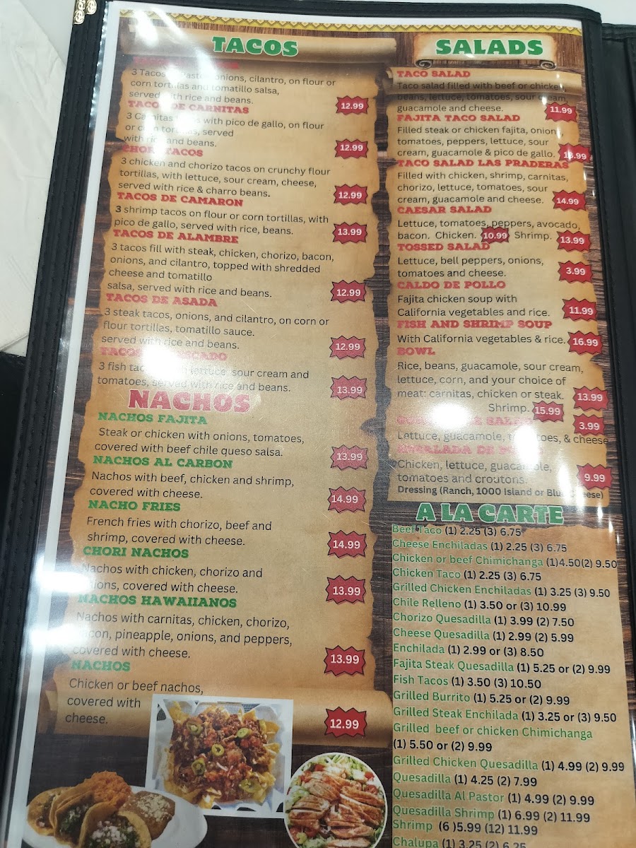 Las Praderas Mexican Bar & Grill menu board