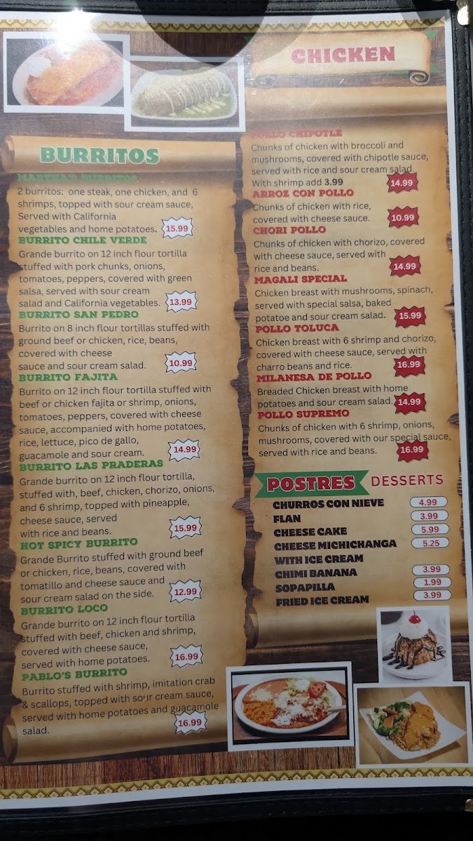 Las Praderas Mexican Bar & Grill menu board
