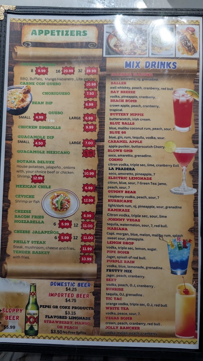 Las Praderas Mexican Bar & Grill menu board