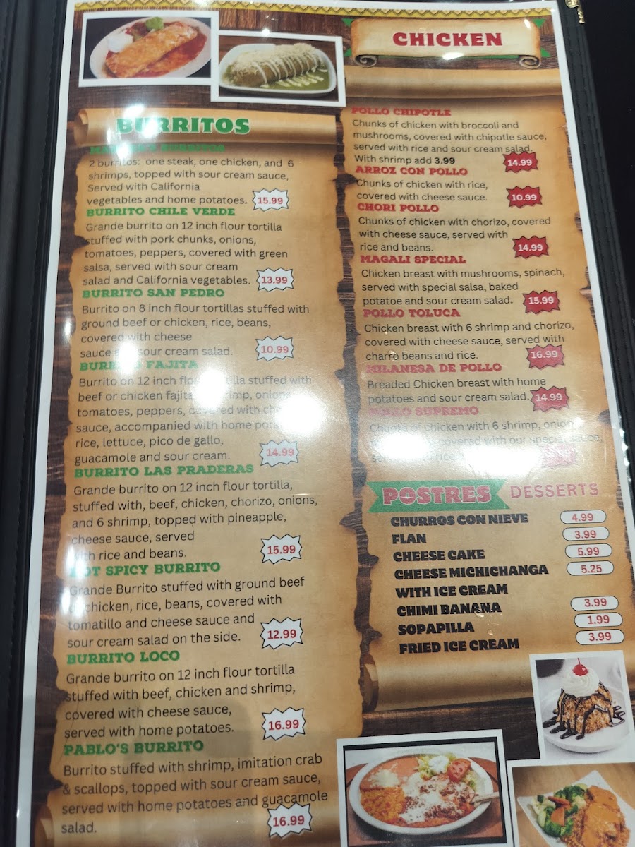Las Praderas Mexican Bar & Grill menu board