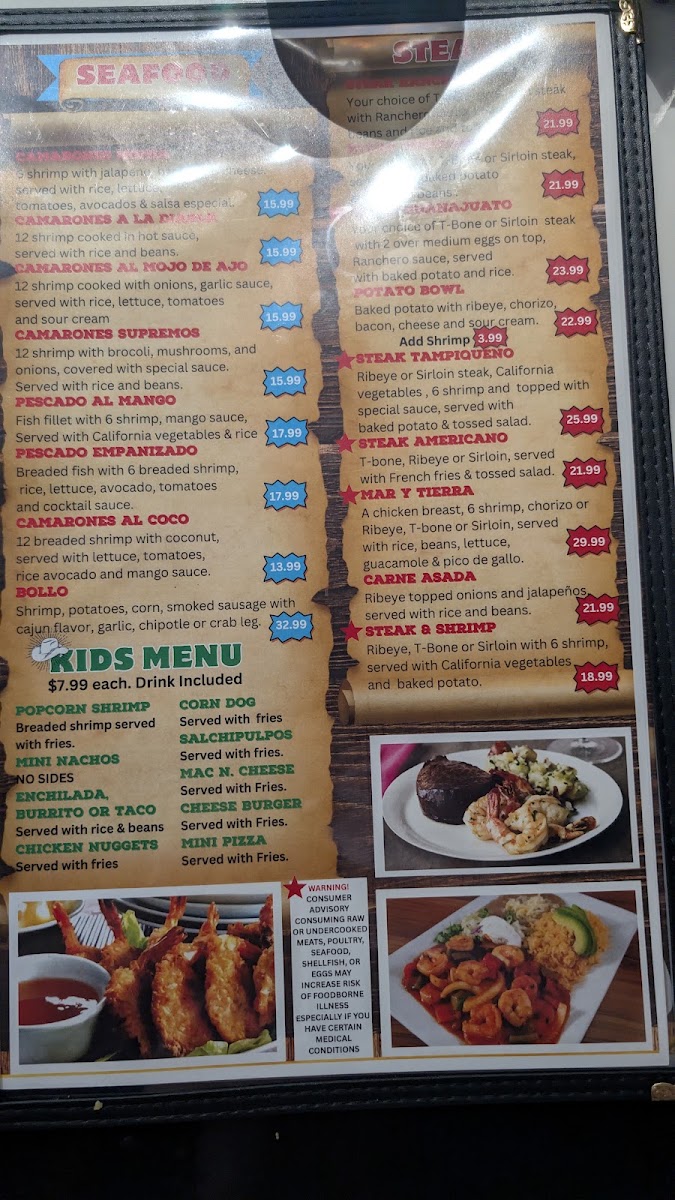 Las Praderas Mexican Bar & Grill menu board