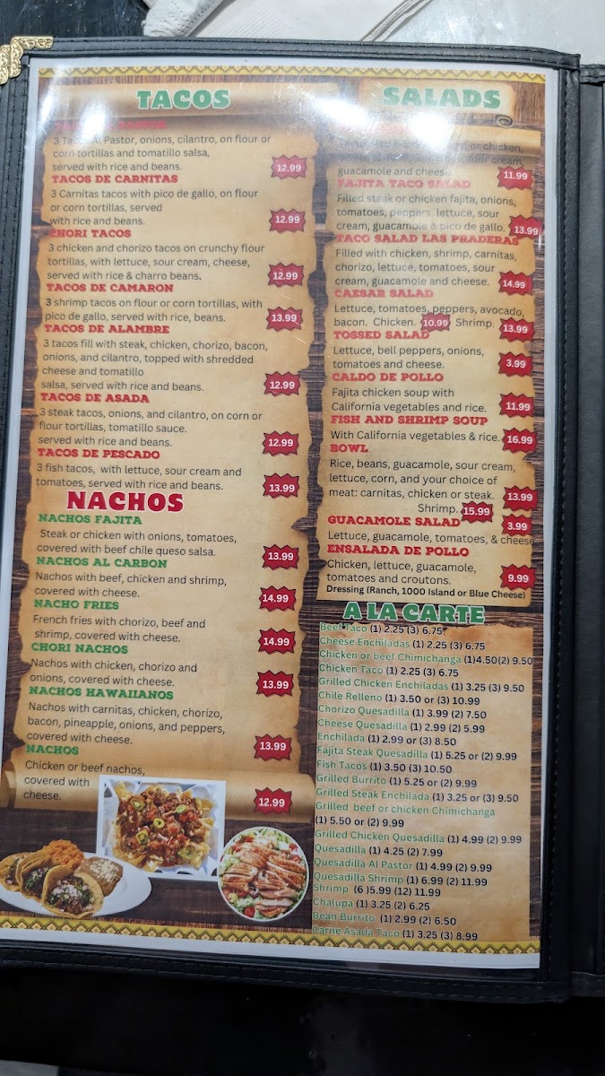 Las Praderas Mexican Bar & Grill menu board
