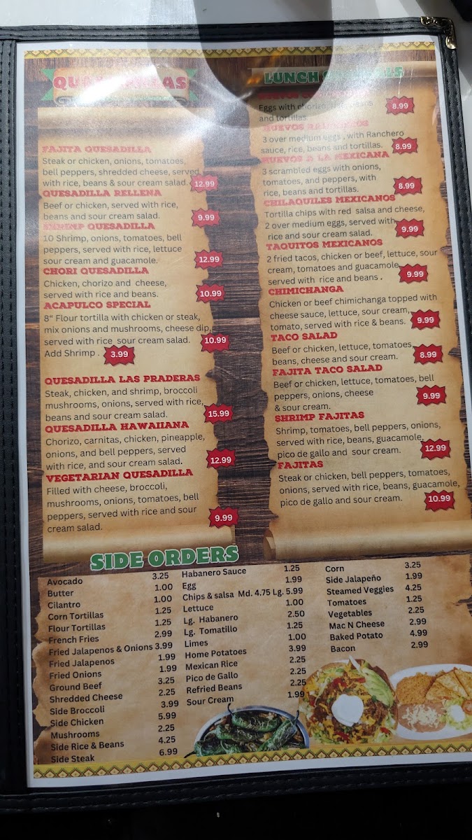 Las Praderas Mexican Bar & Grill menu board