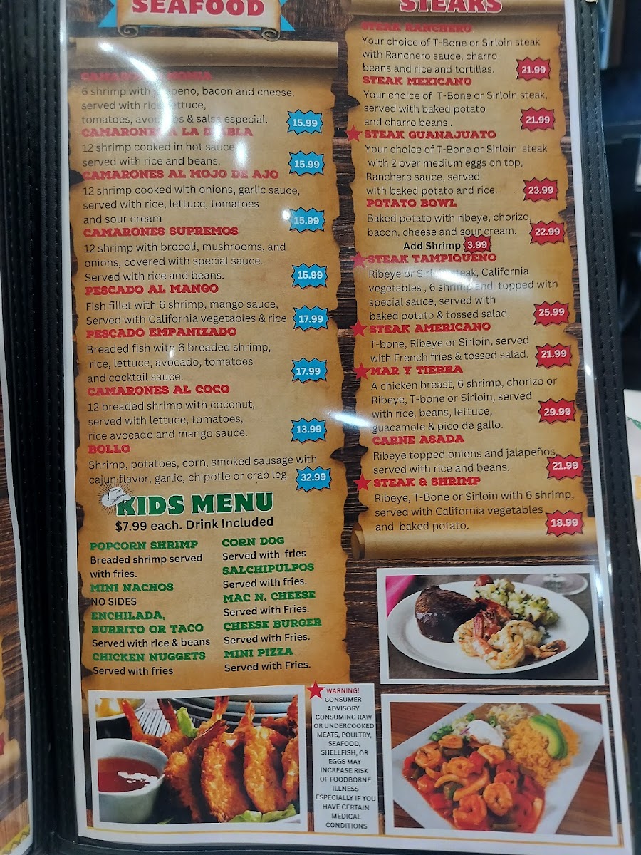 Las Praderas Mexican Bar & Grill menu board