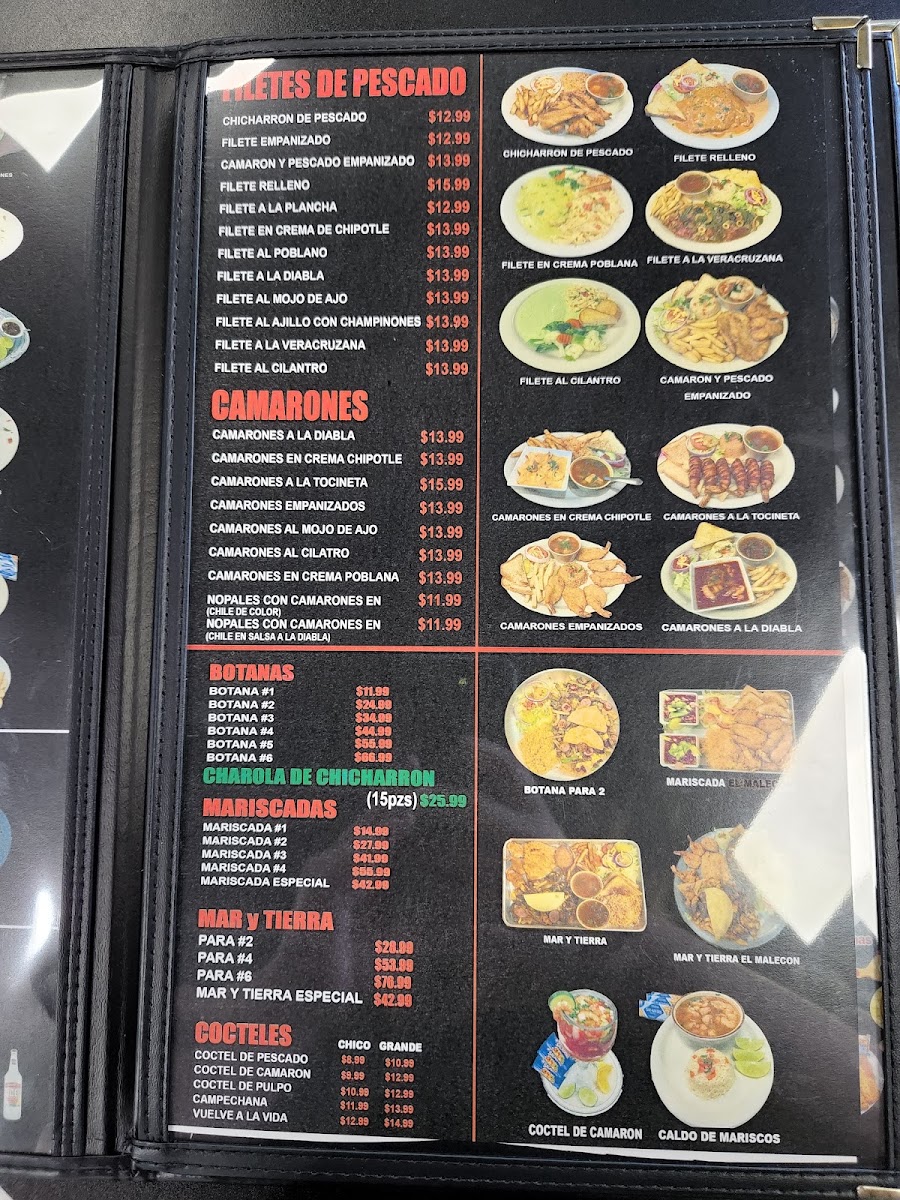 El Malecon Seafood & Mexican Restaurant menu board