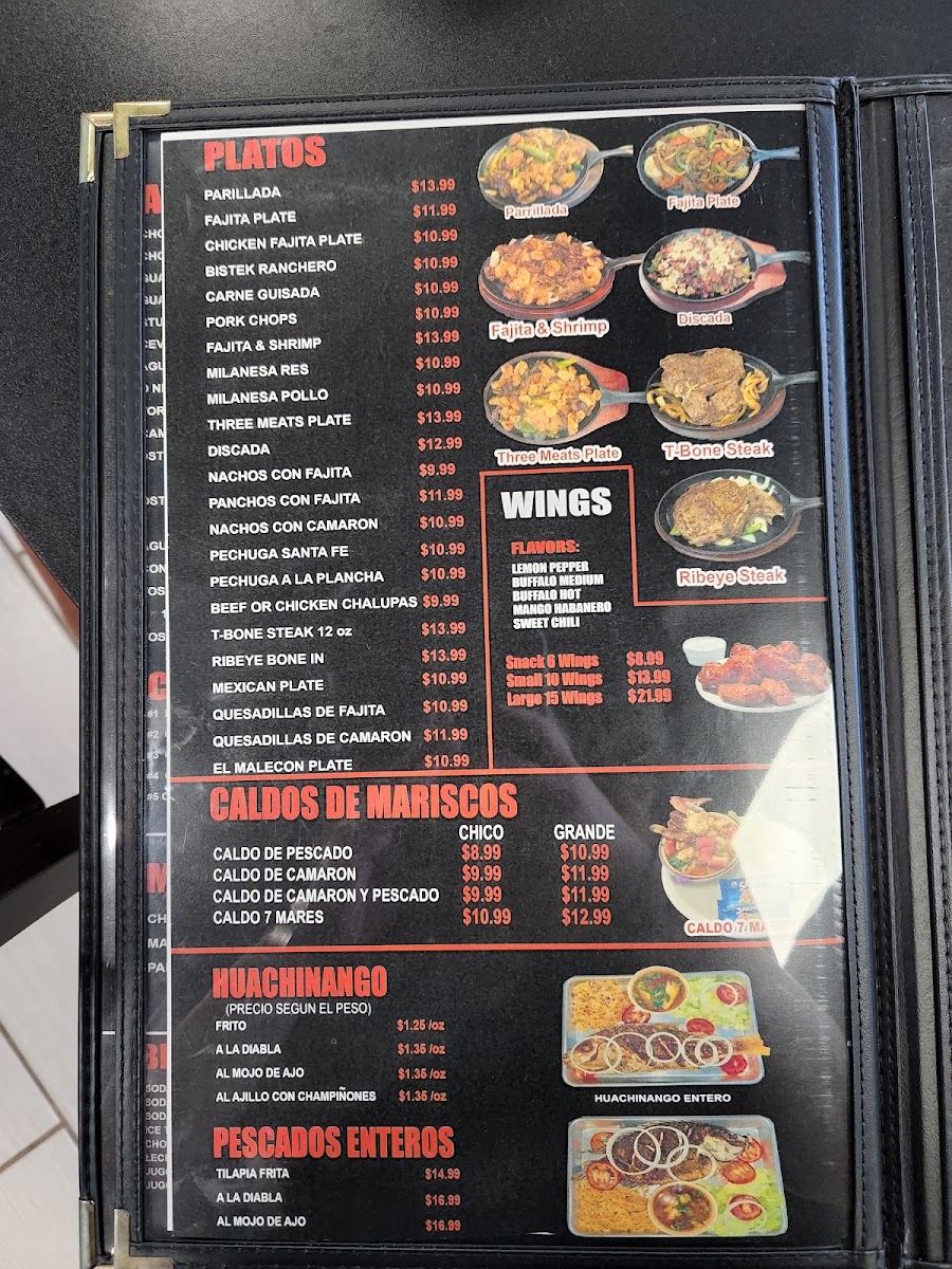 El Malecon Seafood & Mexican Restaurant menu board
