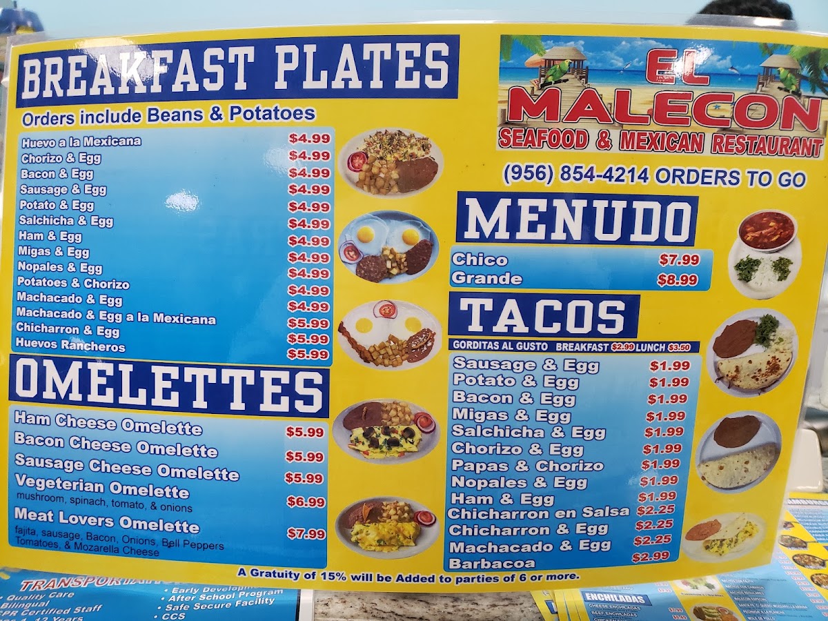El Malecon Seafood & Mexican Restaurant menu board