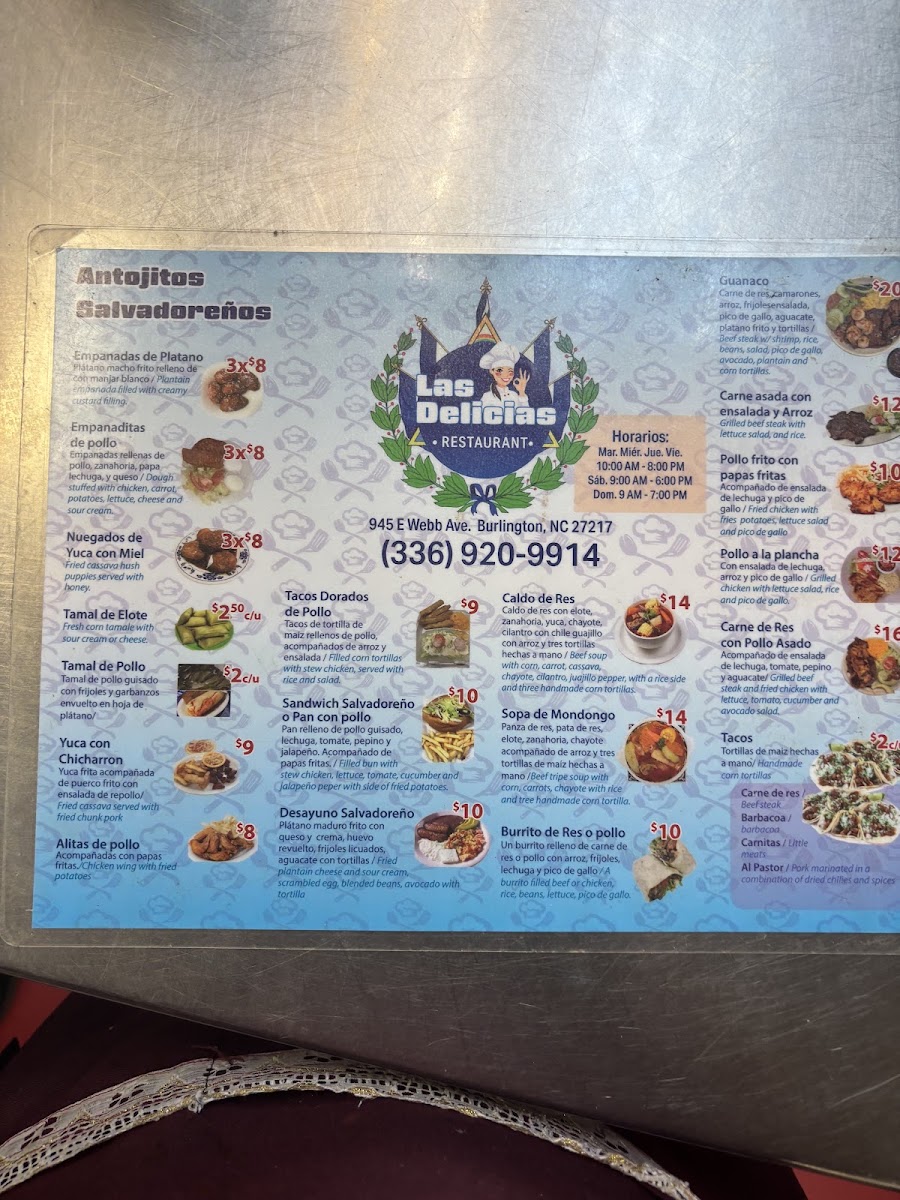 Pupuseria Y Taqueria Las Delicias Burlington menu board