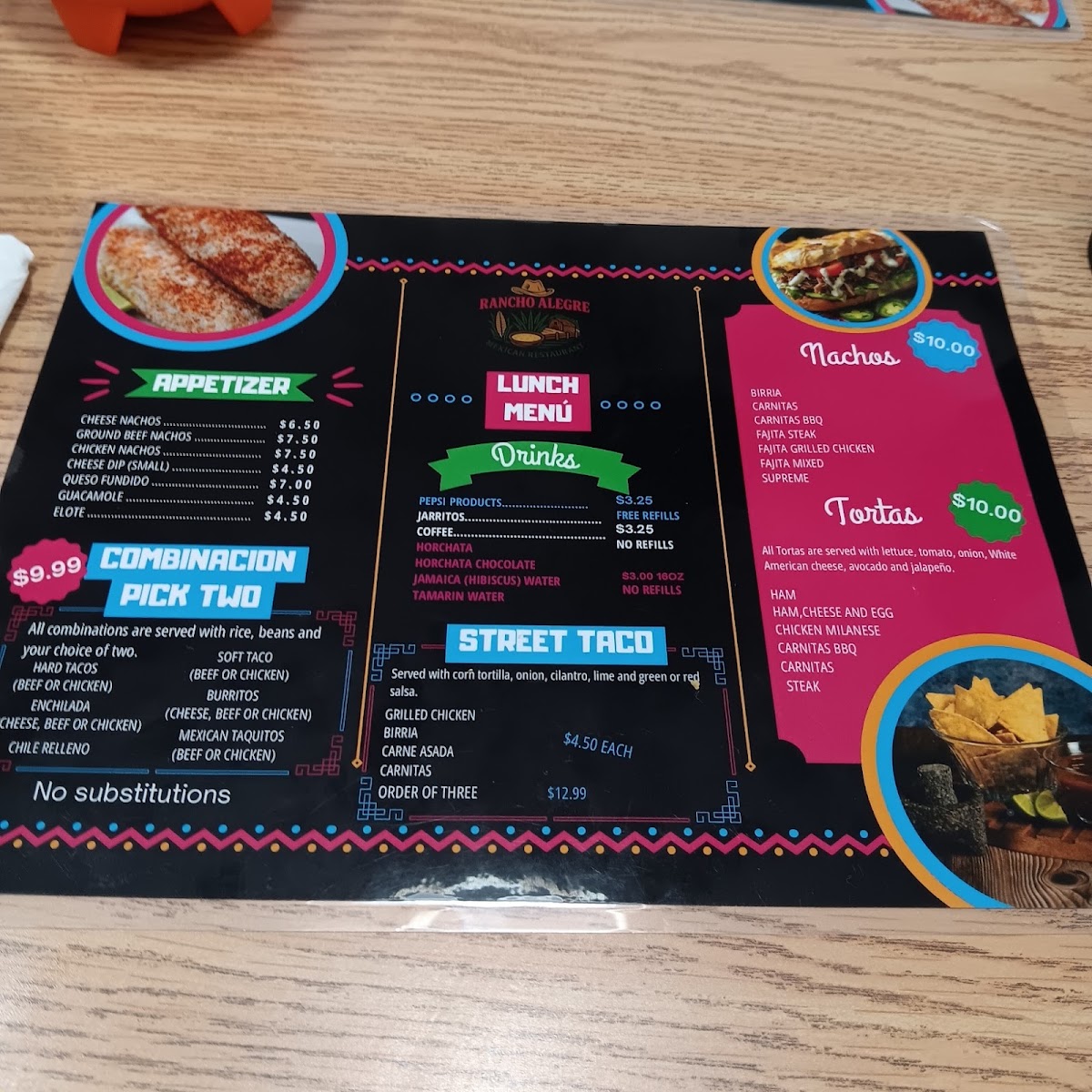 Rancho Alegre Authentic Mexican Restaurant menu board