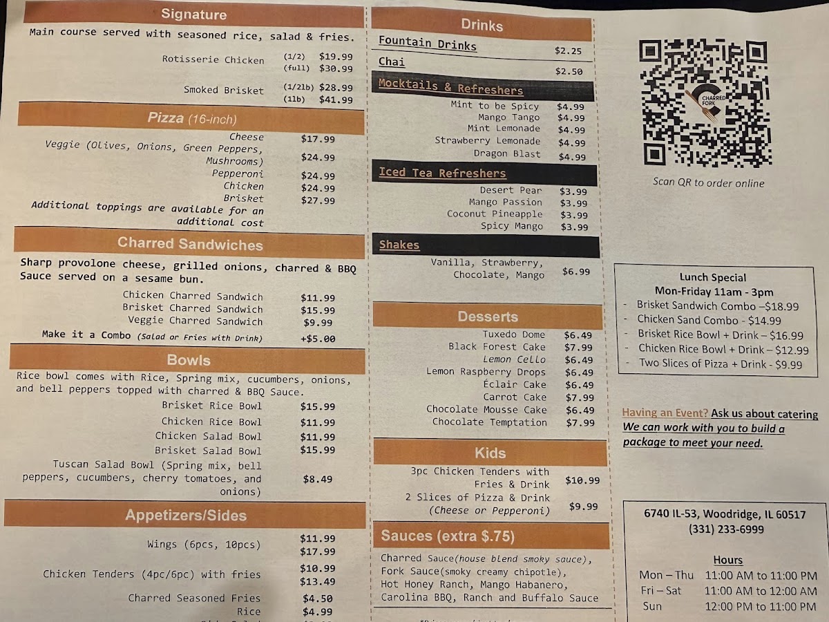 Charred Fork menu board