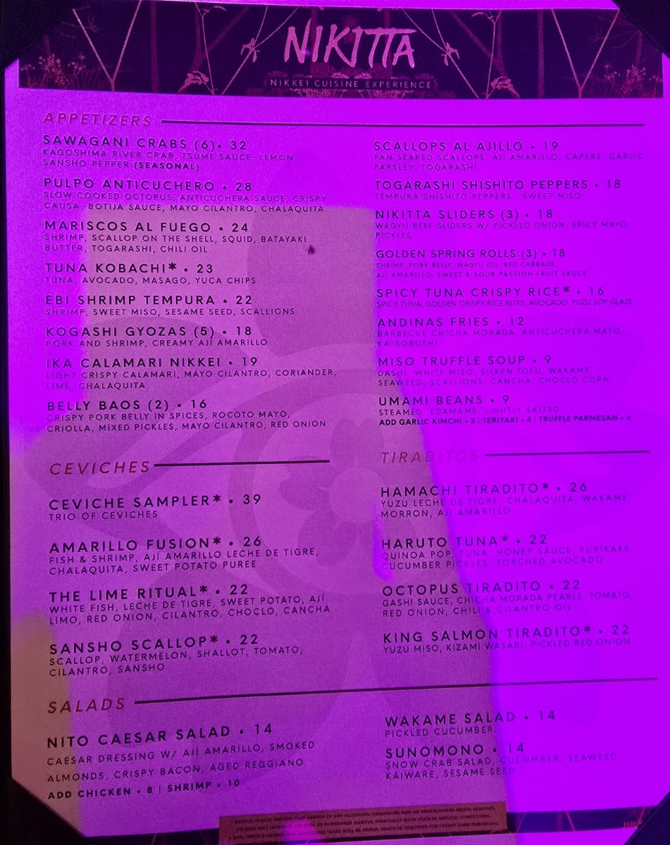Nikitta restaurant menu board