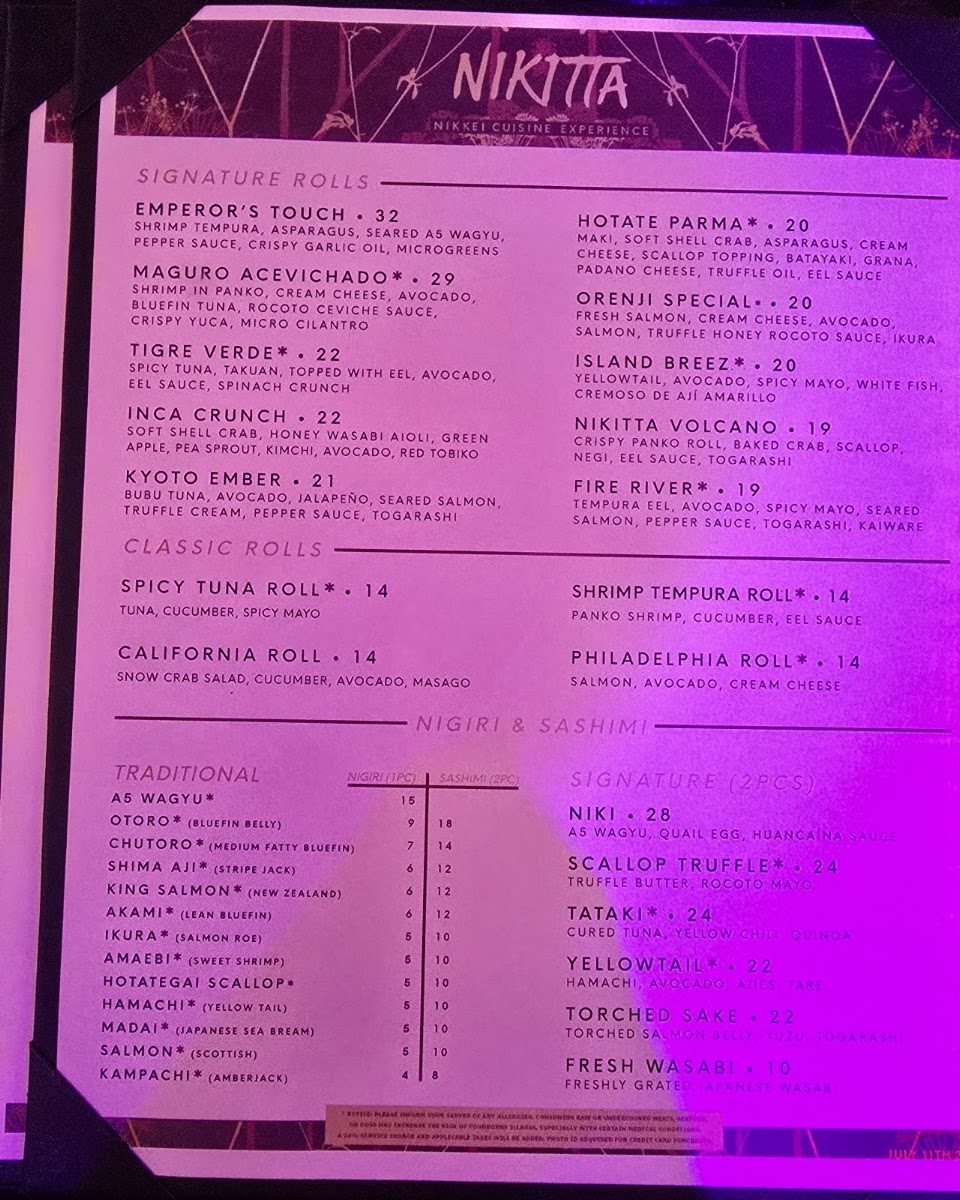 Nikitta restaurant menu board