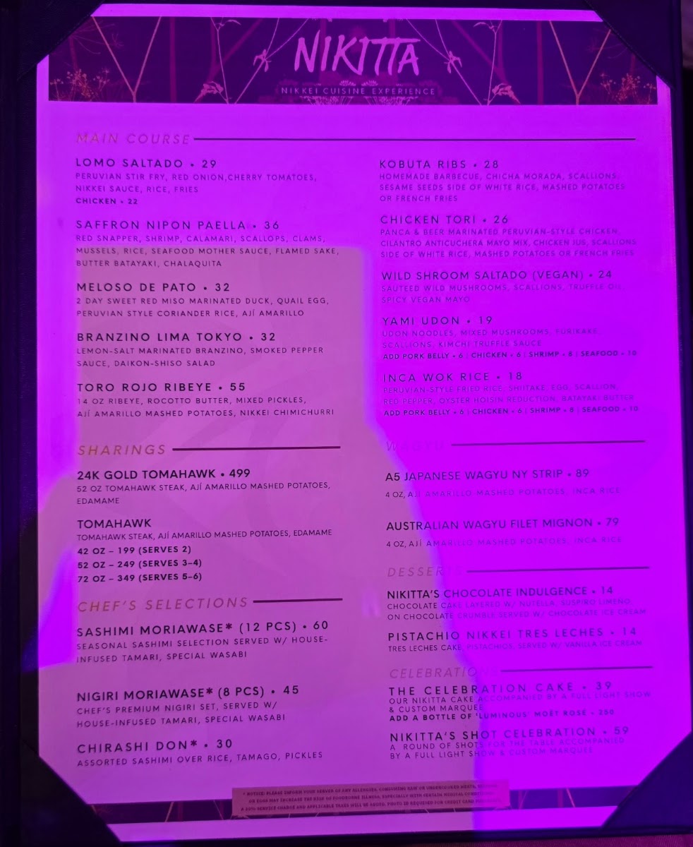 Nikitta restaurant menu board