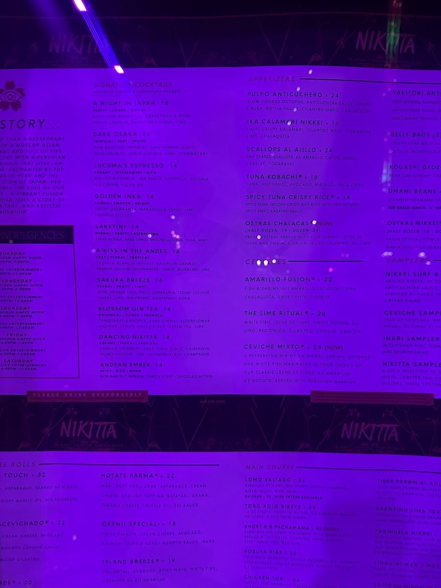 Nikitta restaurant menu board