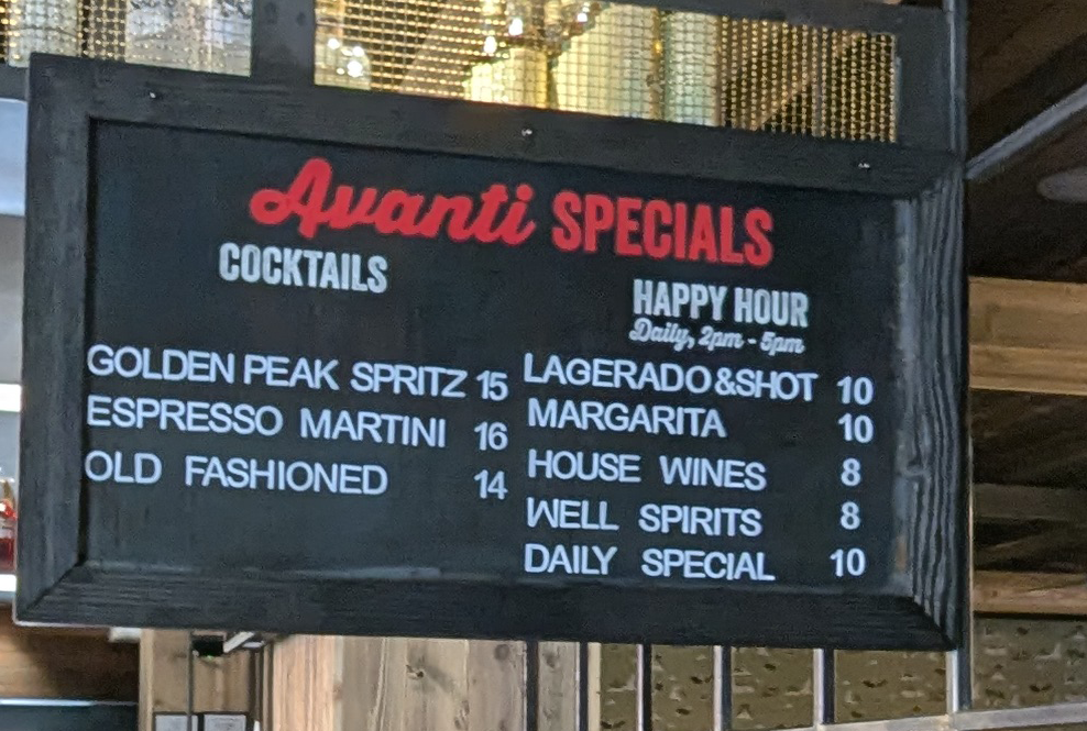 Avanti Food & Beverage, Vail menu board