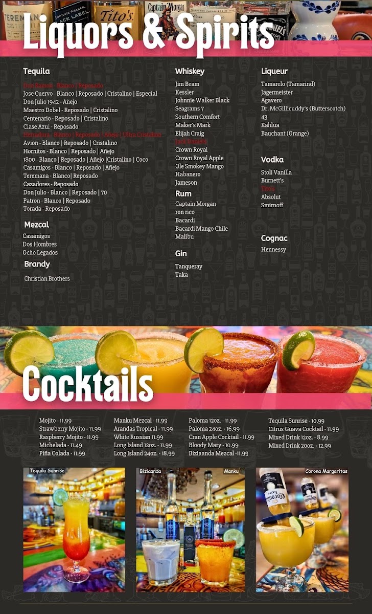 Arandas Mexican Grill menu board