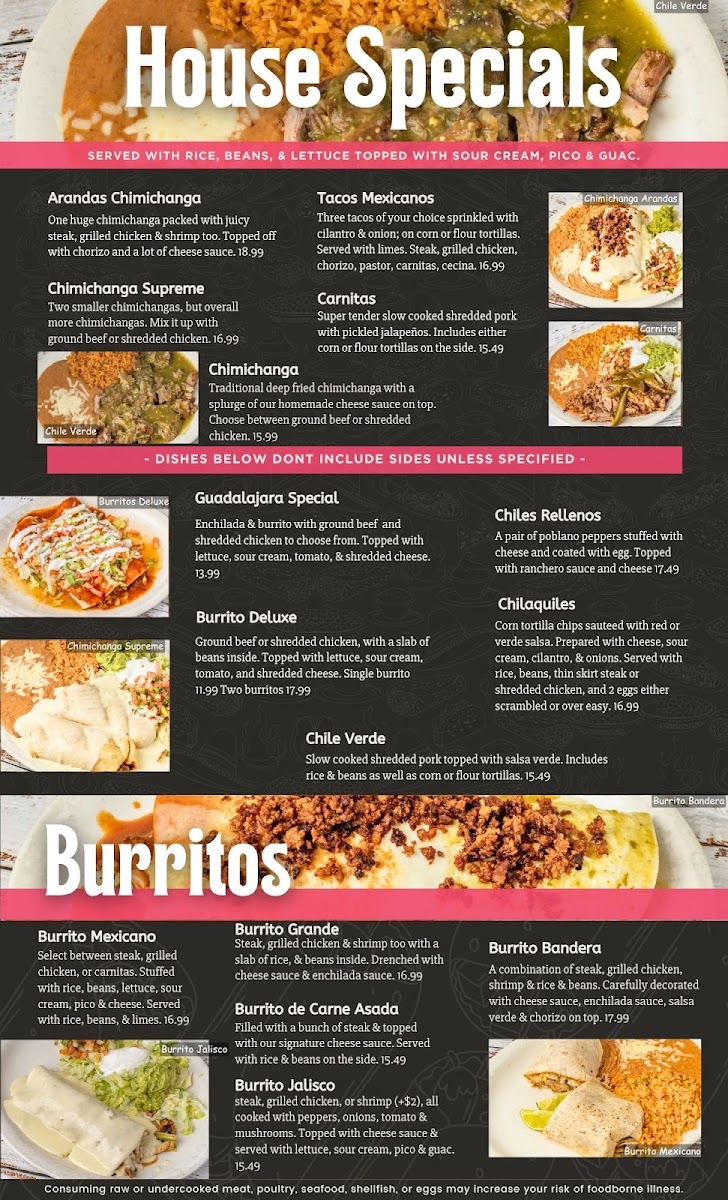 Arandas Mexican Grill menu board