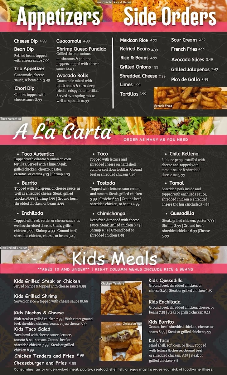 Arandas Mexican Grill menu board