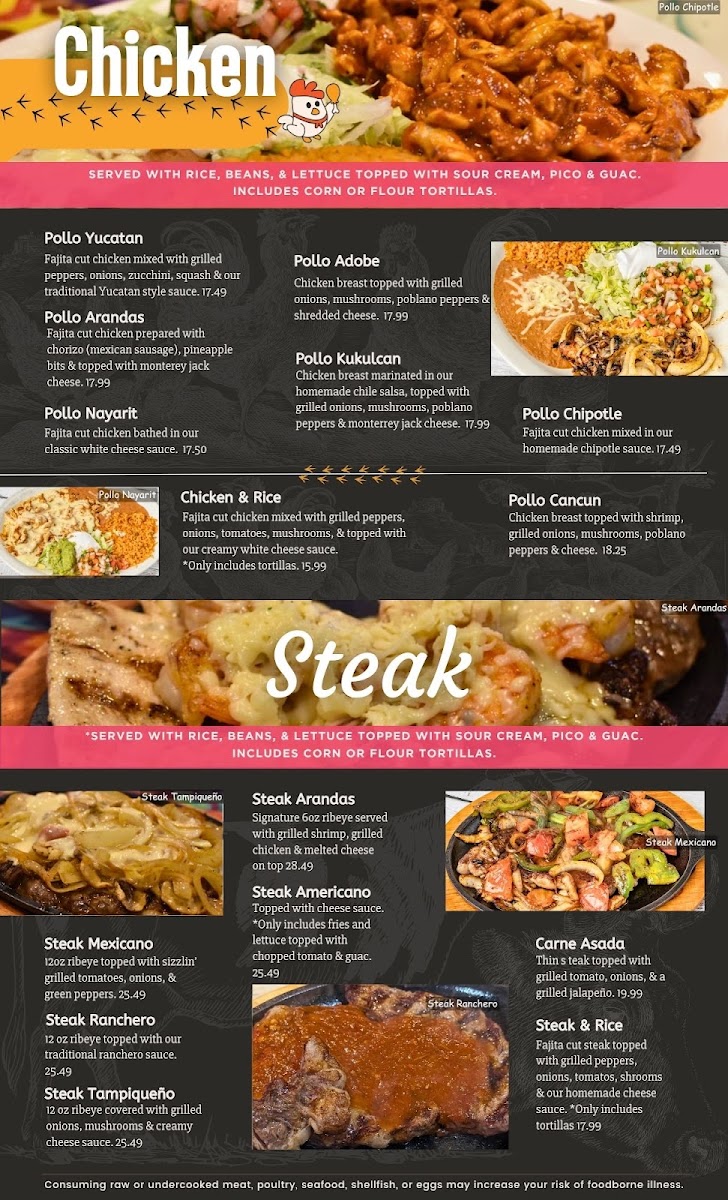 Arandas Mexican Grill menu board
