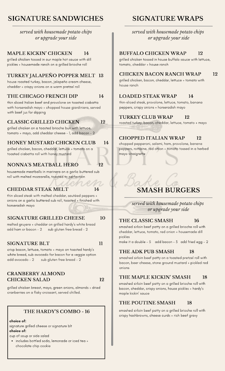 Hardy's Kitchen & Bake Co menu board