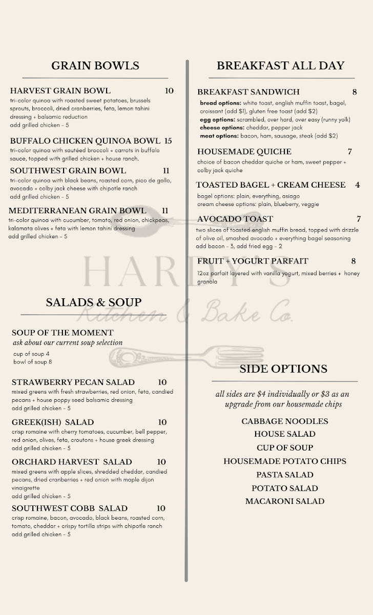 Hardy's Kitchen & Bake Co menu board
