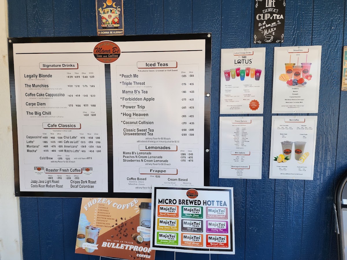Mama B's Tea and Coffee menu board