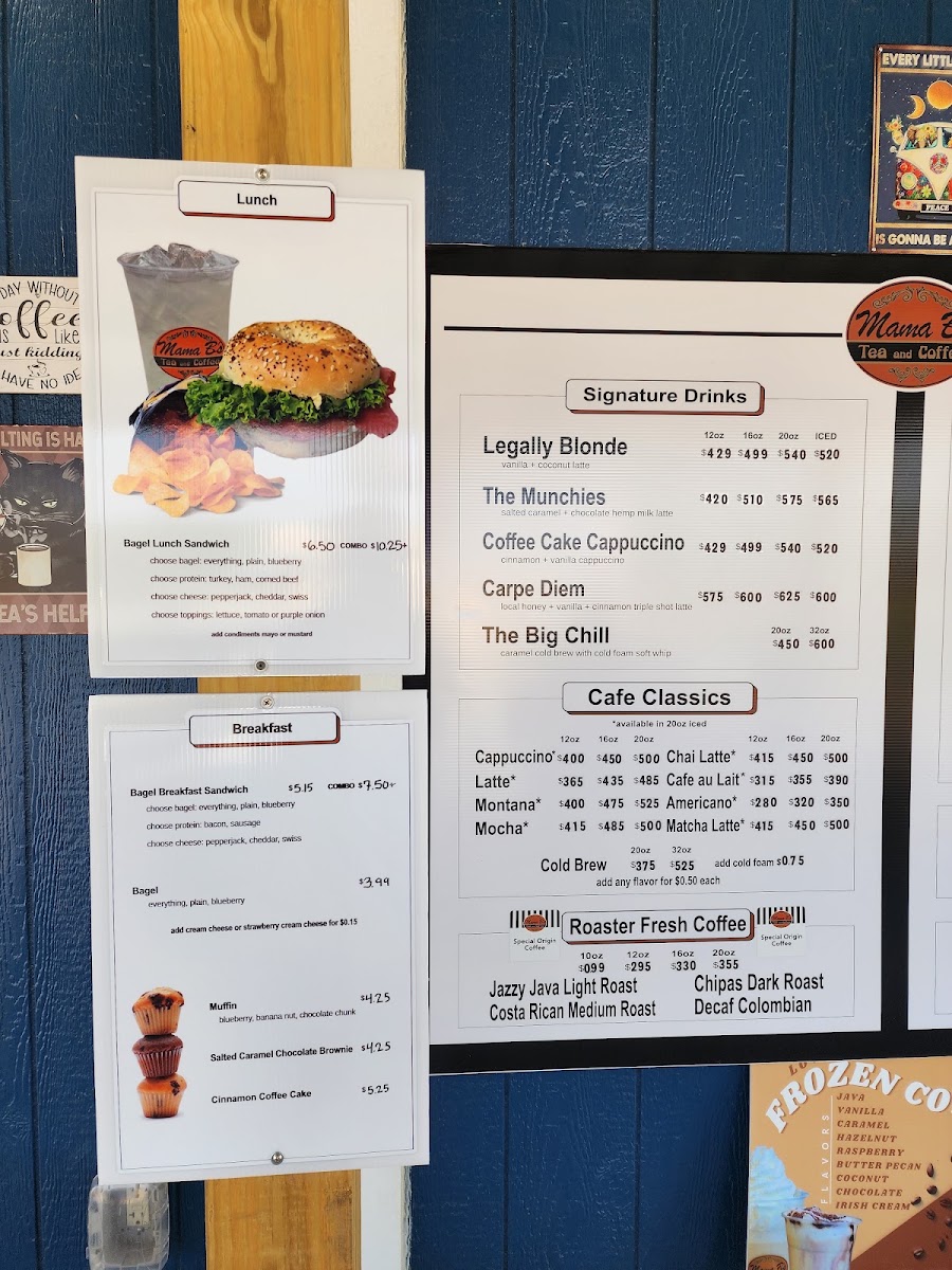 Mama B's Tea and Coffee menu board
