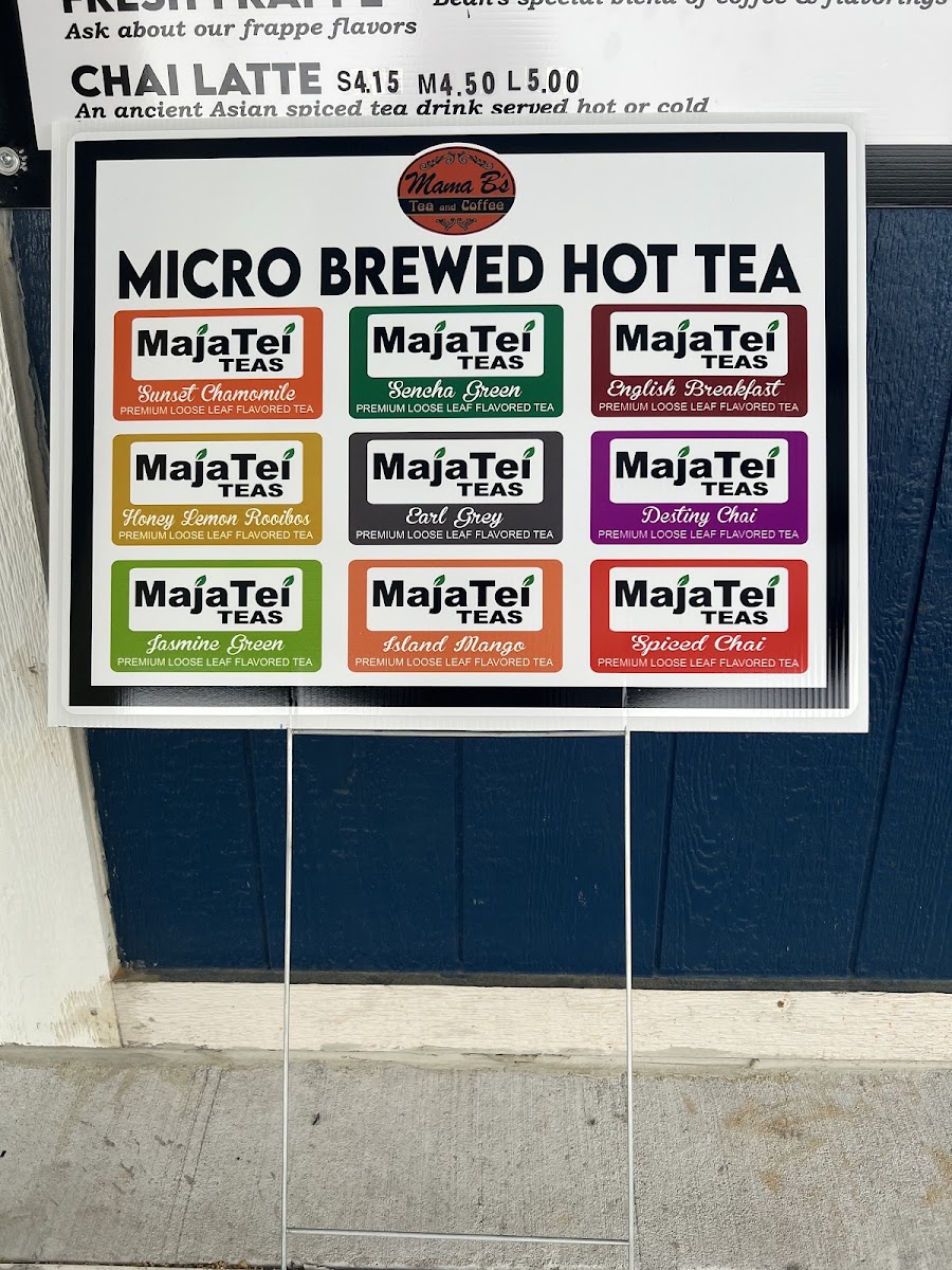 Mama B's Tea and Coffee menu board