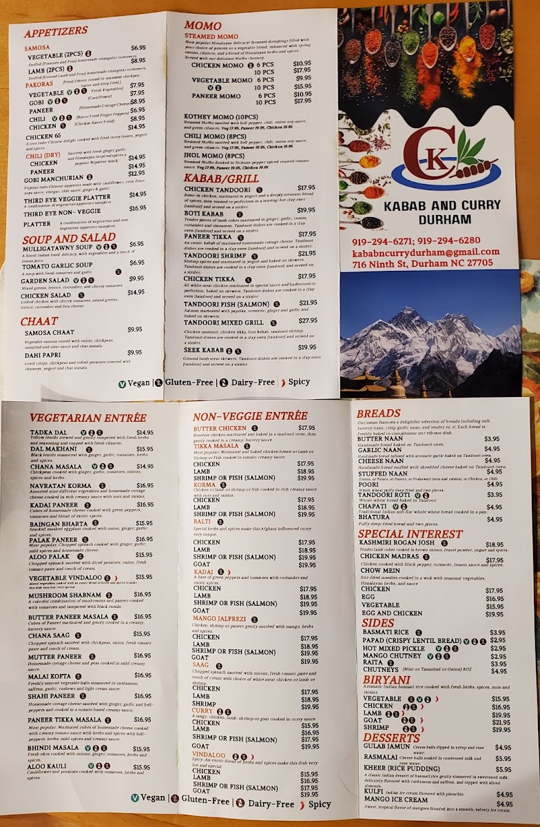 Kabab and Curry Durham menu board