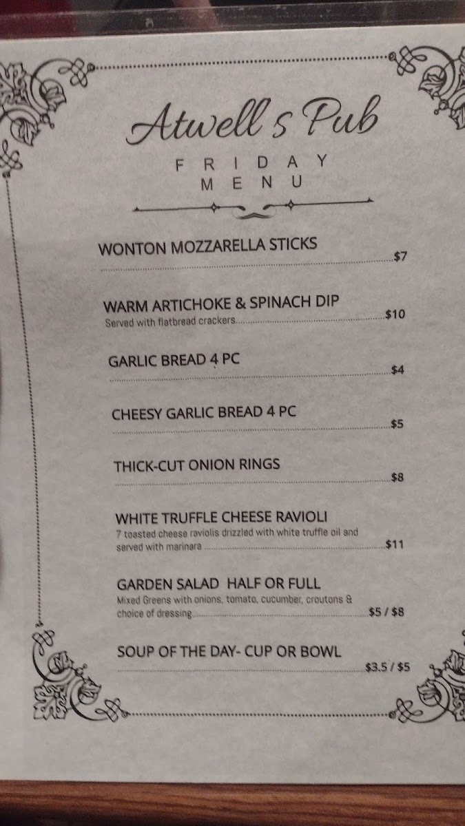 Atwell’s Pub menu board