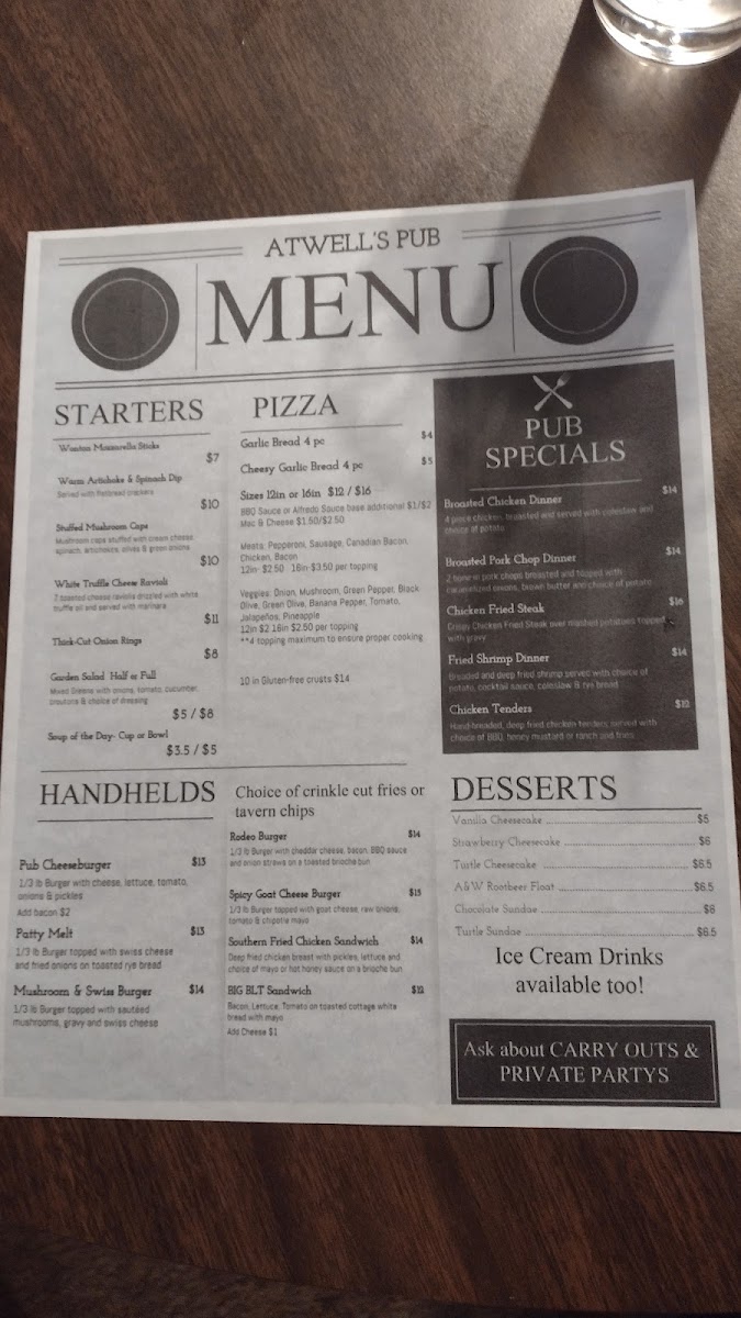 Atwell’s Pub menu board