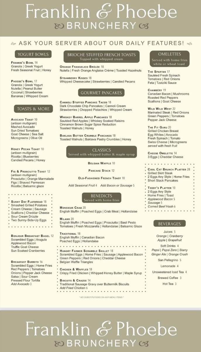Franklin & Phoebe Brunchery menu board