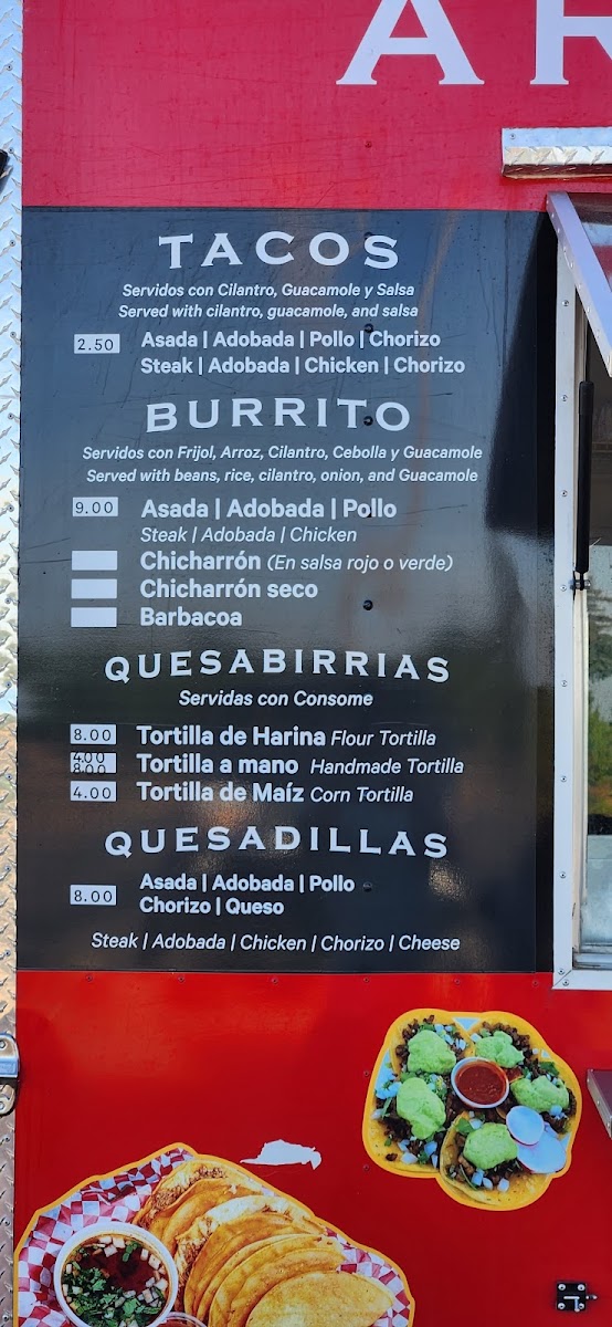 Armas 26 Taqueria menu board