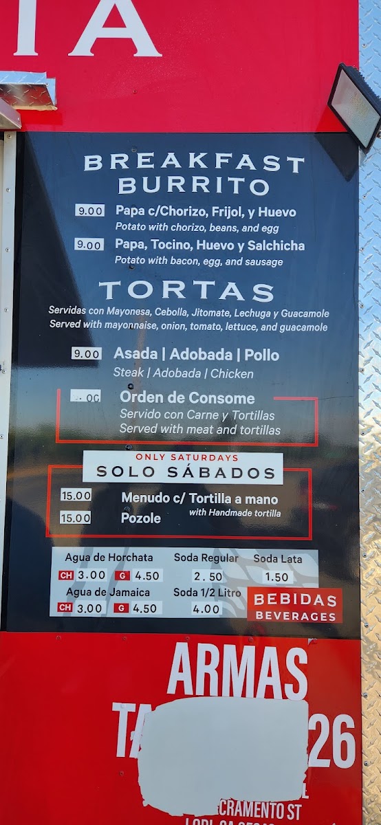Armas 26 Taqueria menu board