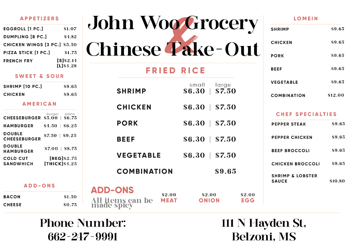 John Woo Grocery & Chinese menu board