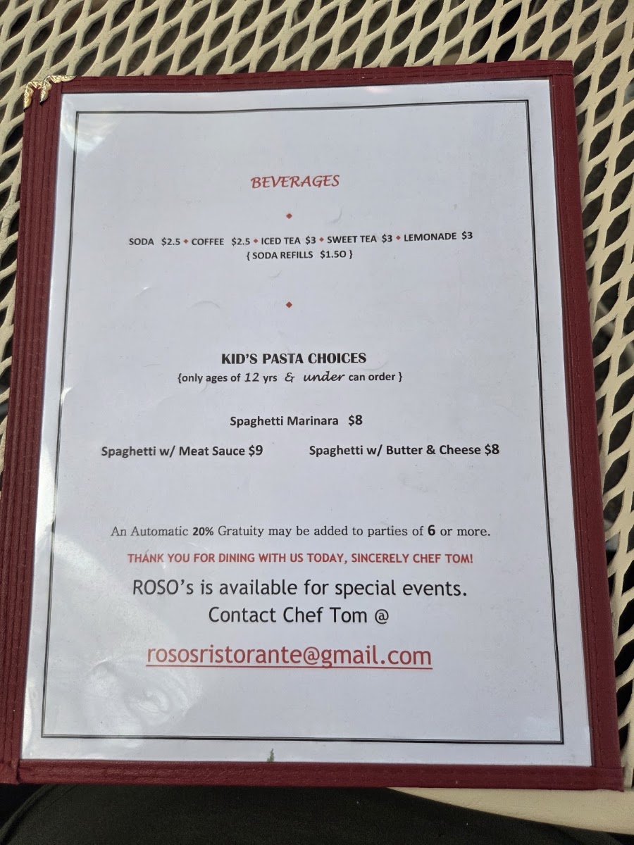 Roso's Ristorante menu board