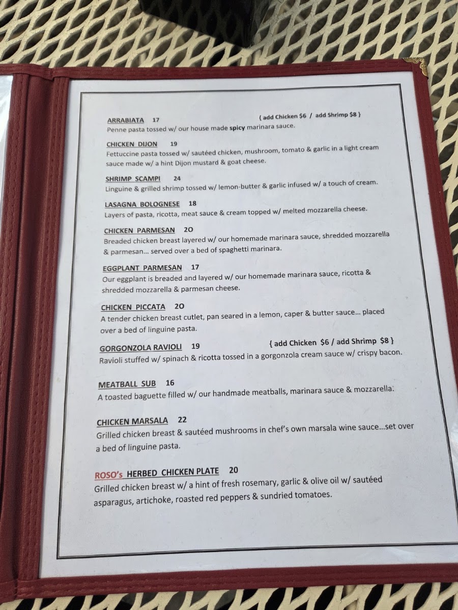 Roso's Ristorante menu board