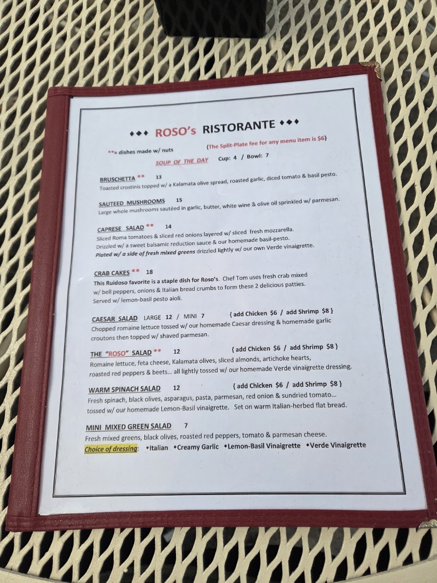 Roso's Ristorante menu board