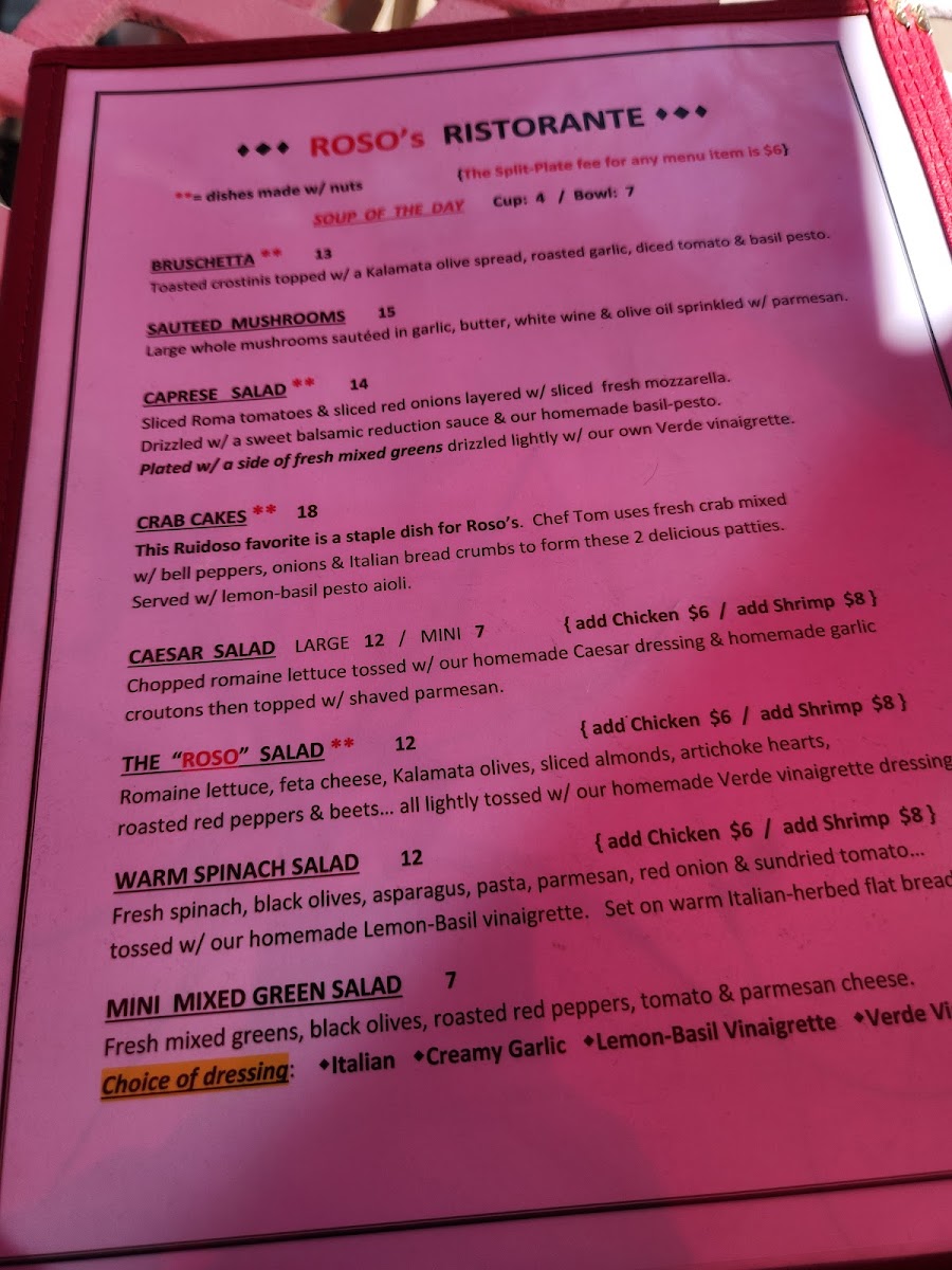 Roso's Ristorante menu board