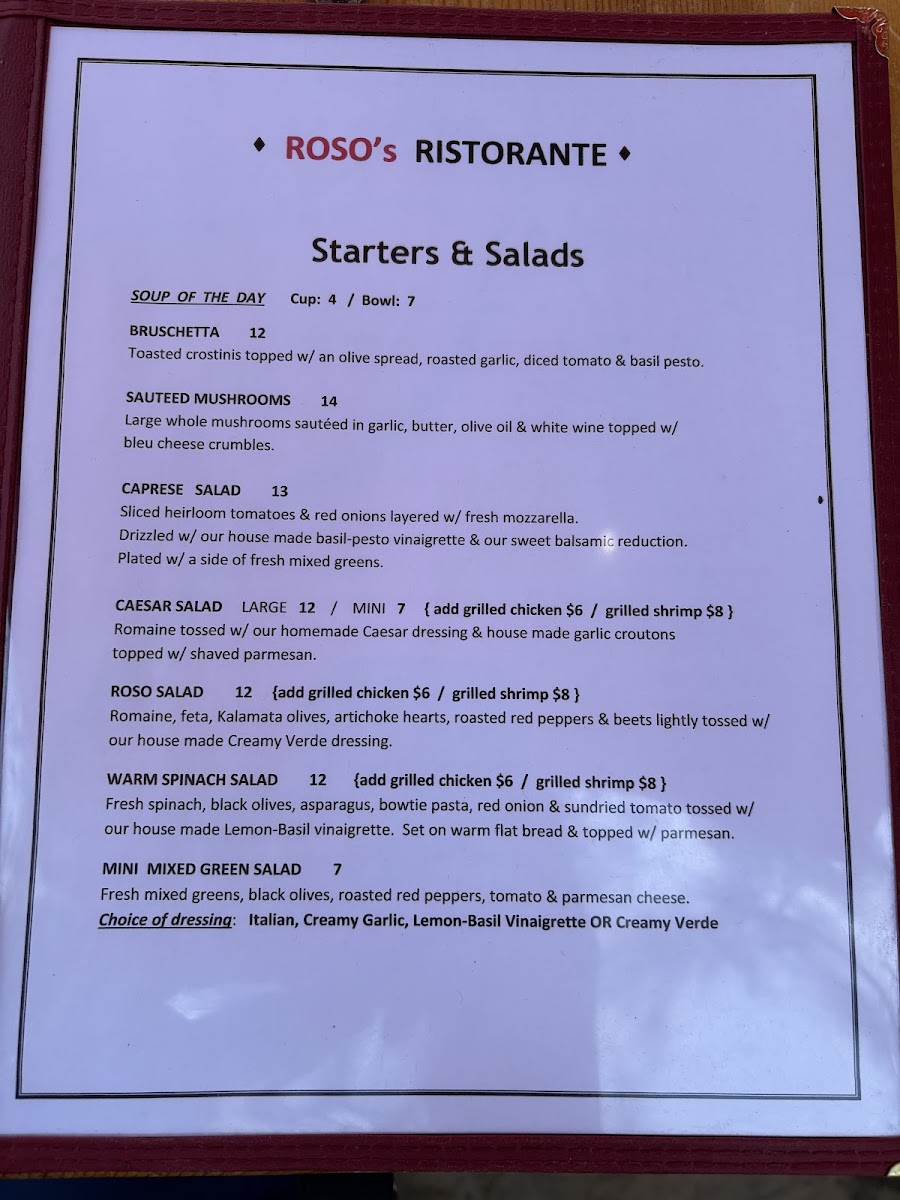 Roso's Ristorante menu board
