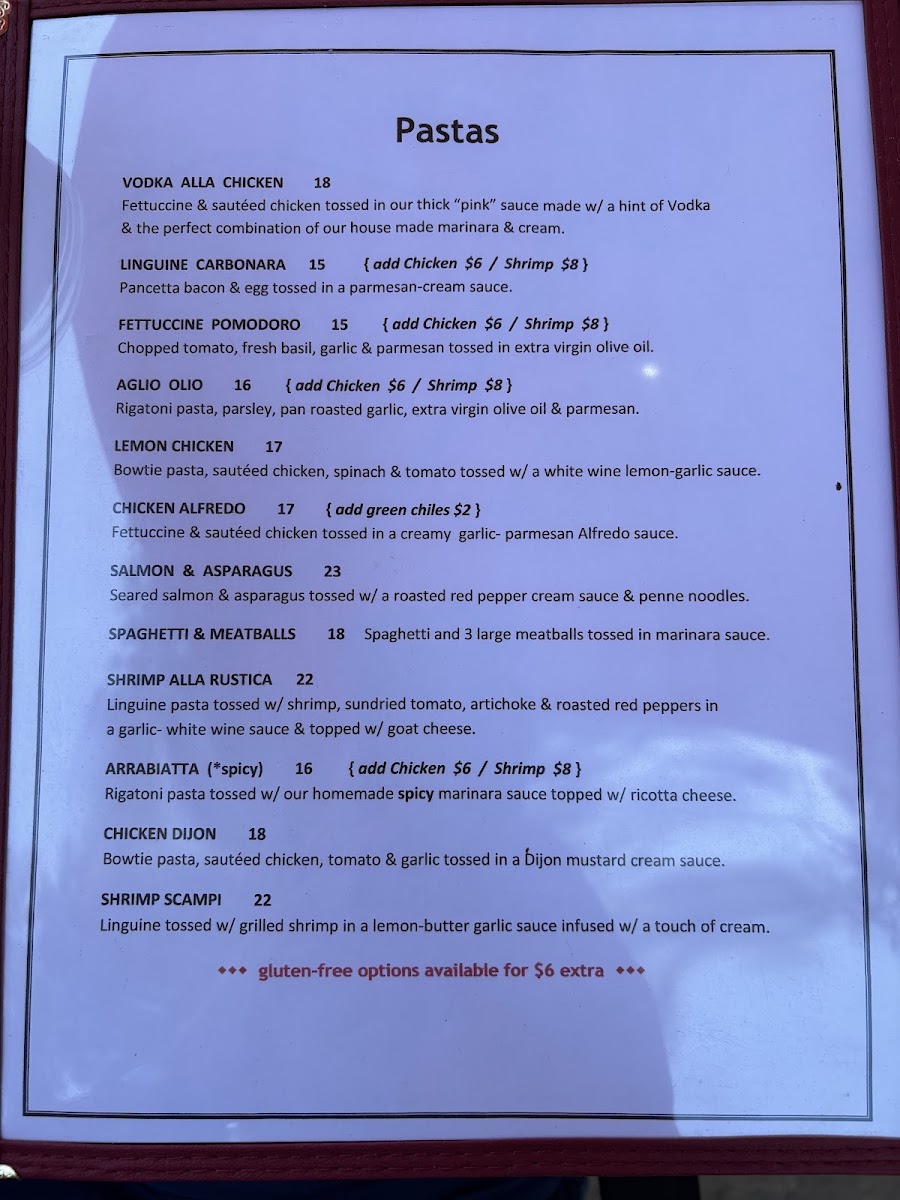 Roso's Ristorante menu board