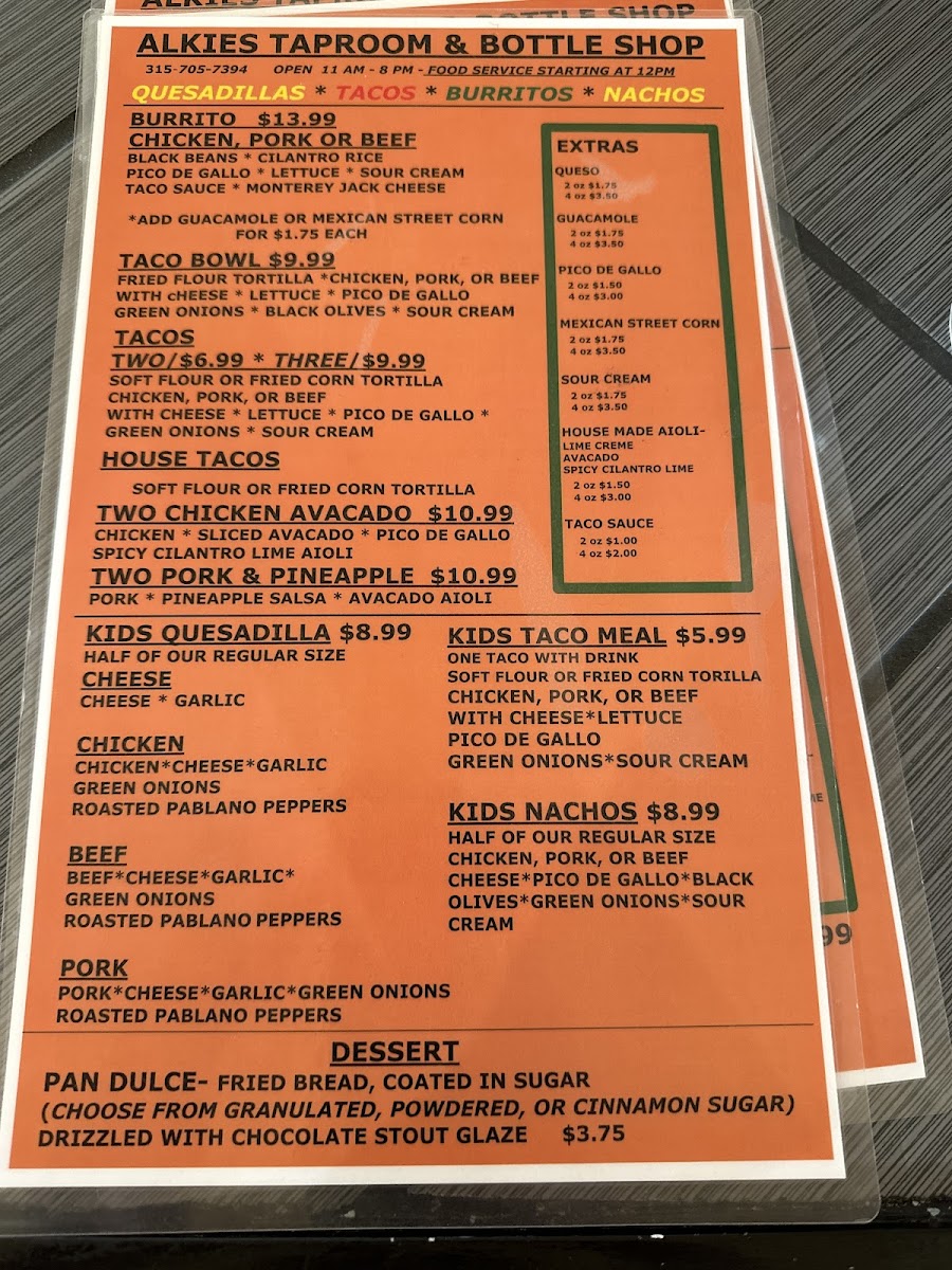 Alkies Taproom & Mexican Eatery menu board