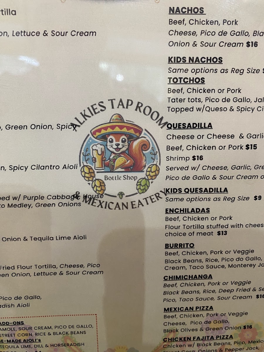 Alkies Taproom & Mexican Eatery menu board