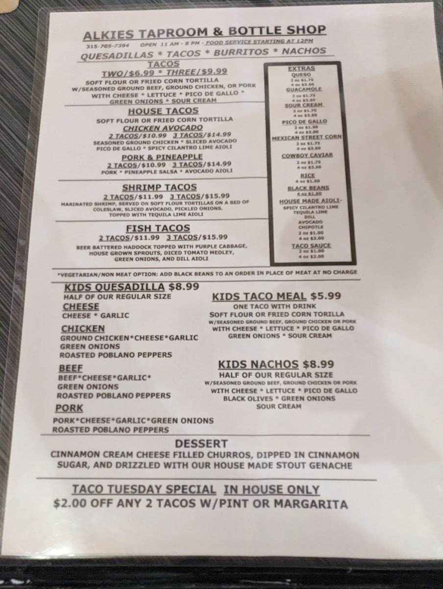 Alkies Taproom & Mexican Eatery menu board