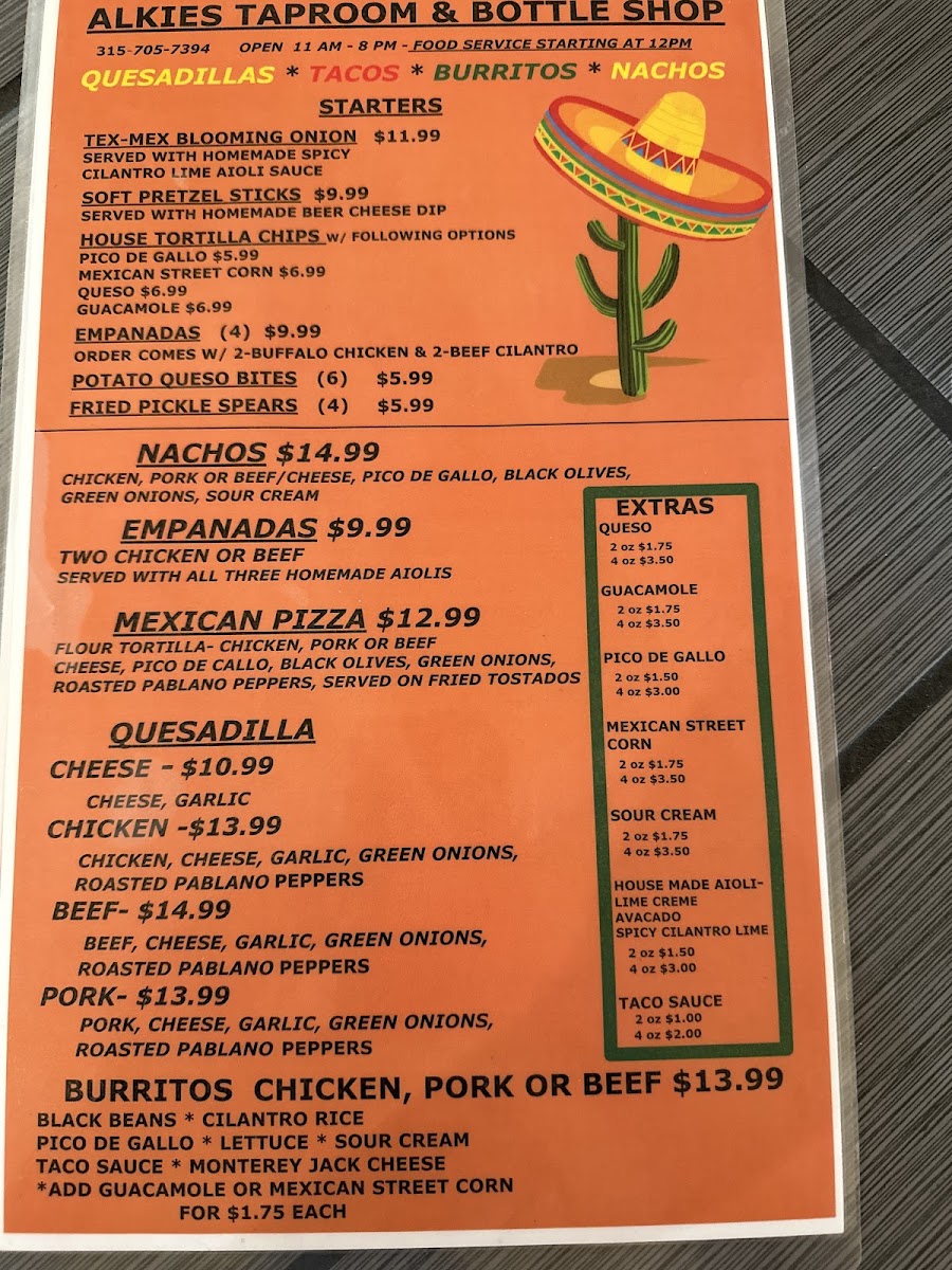 Alkies Taproom & Mexican Eatery menu board
