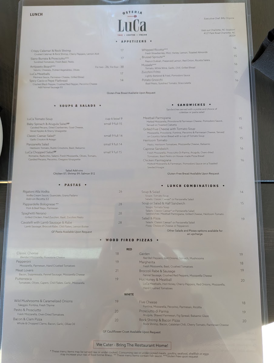 Osteria LuCa menu board